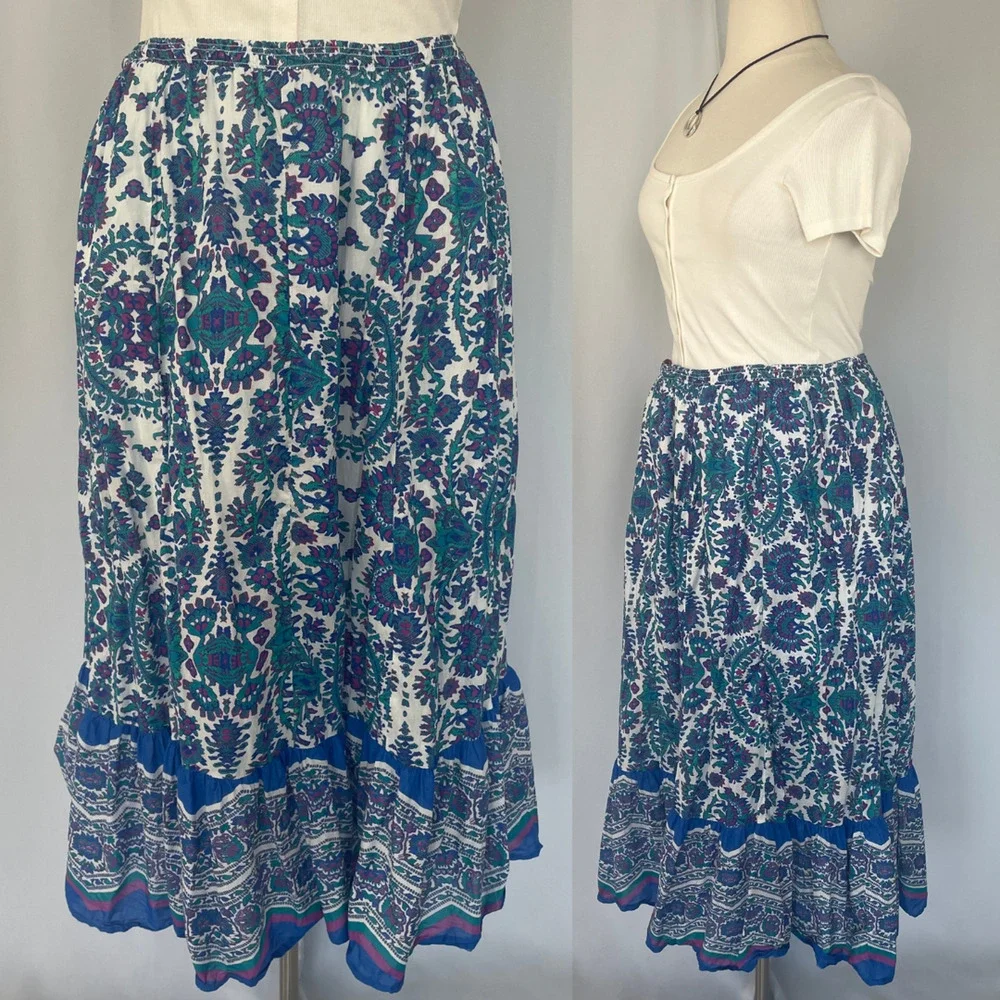 Lane Bryant Midi Skirt Plus Size 18 / 20 Blue Purple Paisley Boho Tiered Whimsi